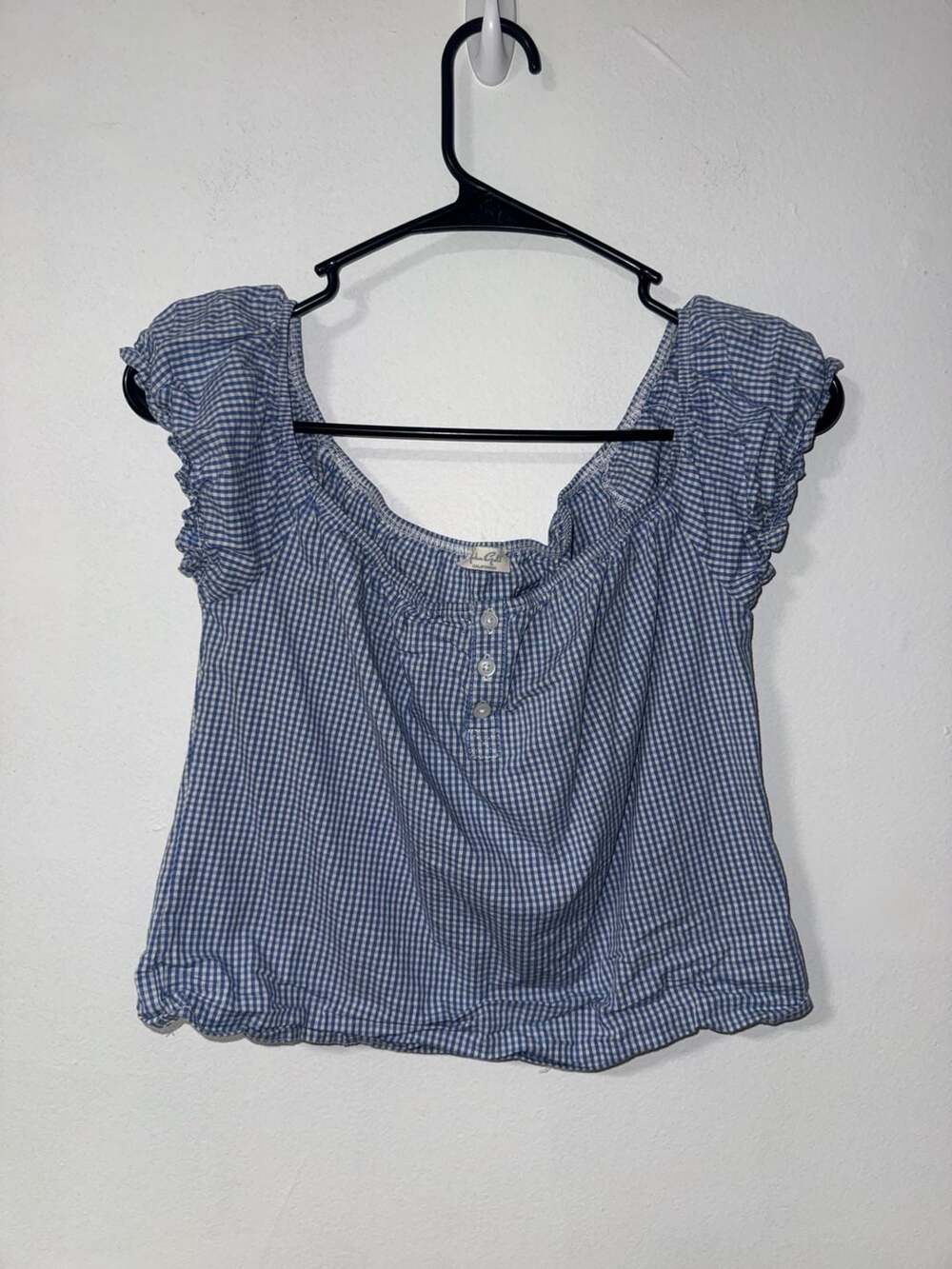 Brandy Melville Blue and White Gingham Button-Front Crop Top